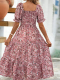 Floral Square Neck Short Sleeve Tiered Dress - Pink by Boutique 23