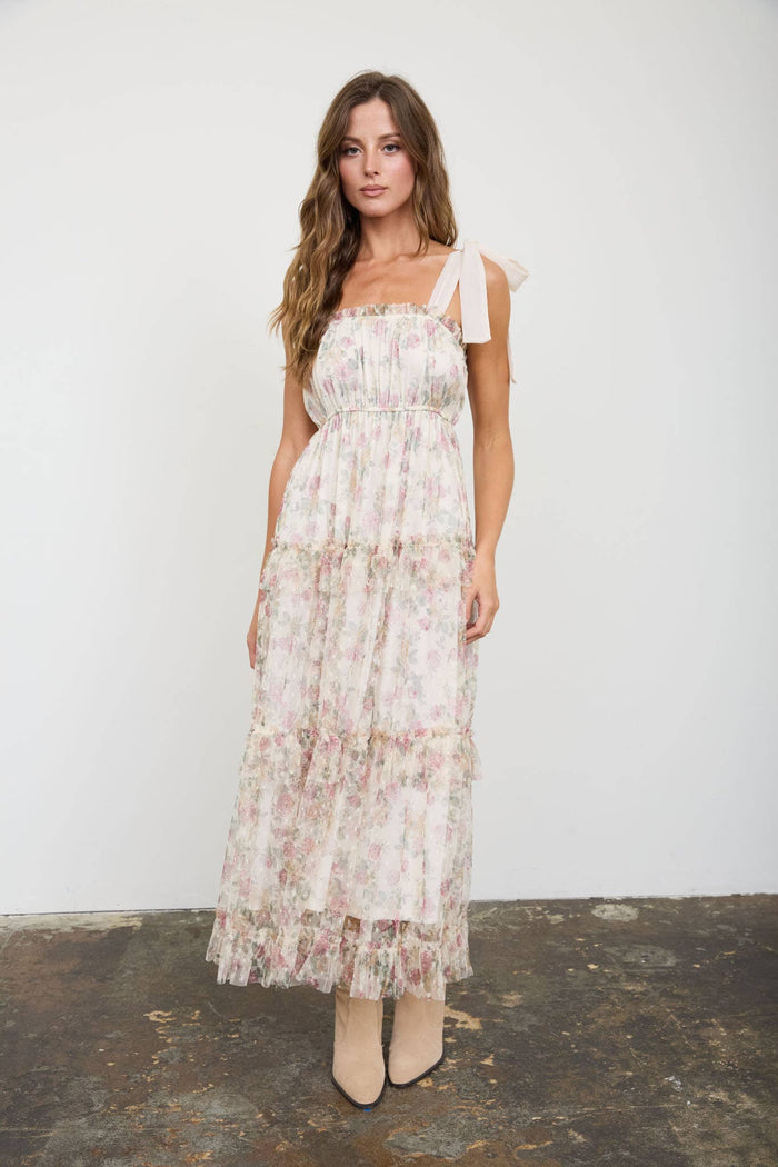 FLORAL CHIFFON TIE STRAP RUFFLED TIERED MIDI DRESS: OATMEAL MULTI by Boutique 23