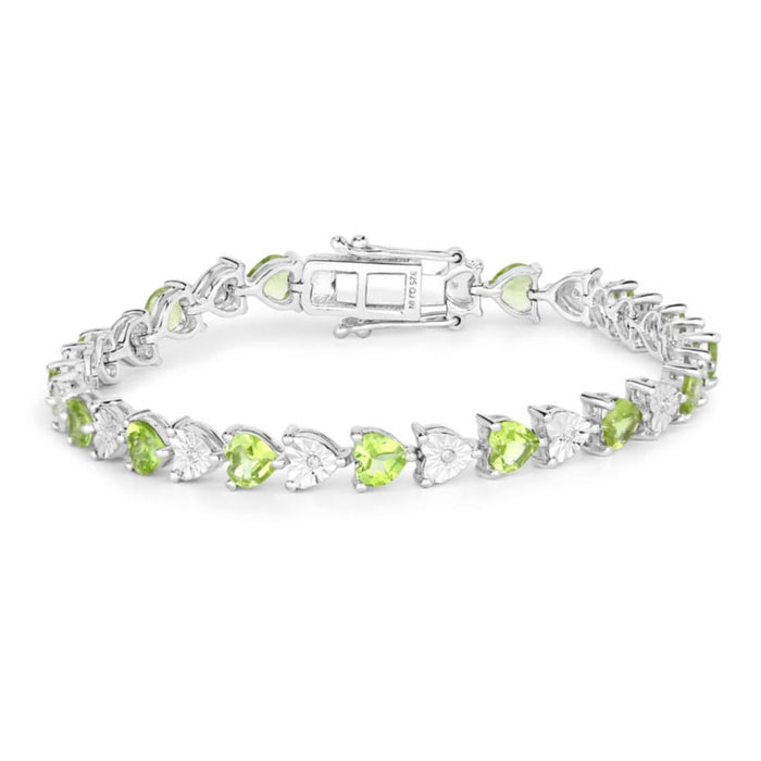 Heart Green Peridot & Diamond Prong Silver Tennis Bracelet by Fine Color Jewels