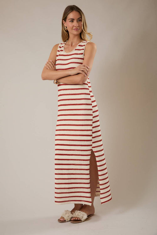 ROUND NECK SLEEVELESS SLIT STRIPE MAXI DRESS: CREAM-RED STRIPE by Boutique 23