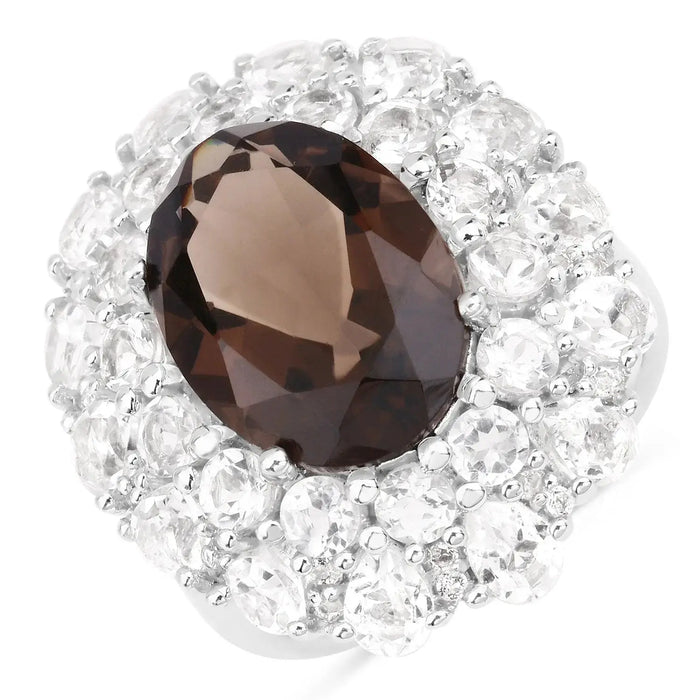 9.29 Ct Oval Brown Smokey Quartz Prong Sterling Silver Double Halo Ring by Fine Color Jewels