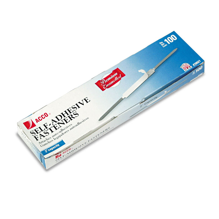 ACCO Premium Self-Adhesive Two-Prong Paper Fastener Bases, 2" Capacity, 2.75" Center to Center, Brown, 100/Box