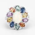 3.92 Carat Genuine Ethiopian Opal, Multi Sapphire and White Diamond .925 Sterling Silver Ring by Bids.com