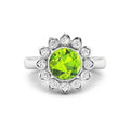 2.21 Ct Round Green Peridot and White Diamond Prong Silver Halo Floral Ring by Fine Color Jewels