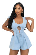 Denim Cut Out Lace Up Romper by The House of Stylez