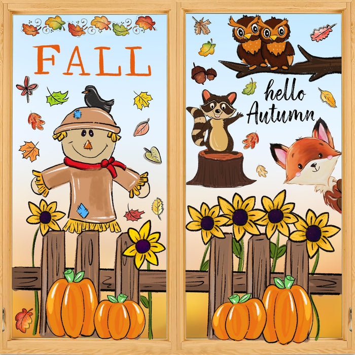 OWUH Fall Window Clings 6 Sheets Pumpkin Maple Leaves Scarecrow Brown by Deal US