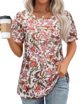 Uhiger Womens Summer Pleated Puff Sleeve Top Crewneck White Orange Flower Size S by Deal US