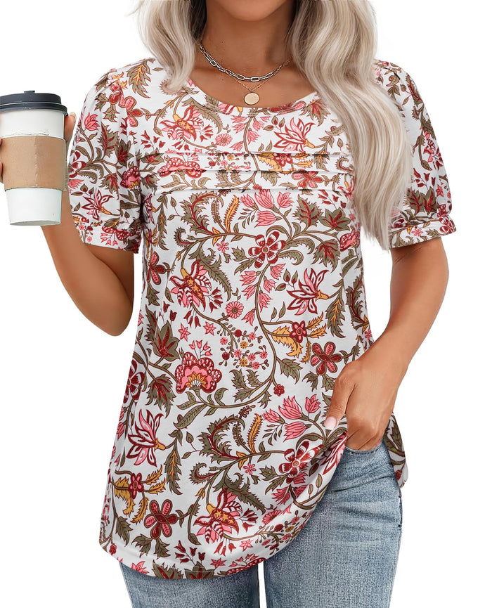 Uhiger Womens Summer Pleated Puff Sleeve Top Crewneck White Orange Flower Size S by Deal US