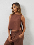 MSBESYOR Women Cotton Linen Crop Tank Top Sleeveless Tie Side Brown Size M by Deal US