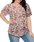 Uhiger Womens Summer Pleated Puff Sleeve Top Crewneck White Orange Flower Size S by Deal US