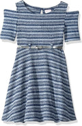 Youngland Girls Cold Shoulder Rib Knit Belted Skater Dress, Blue, Size 6X by Vanessa Jane
