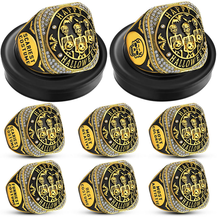 Highergo Halloween Skeleton Trophy Rings Set 6pcs with Neck Chain Stand by Deal US