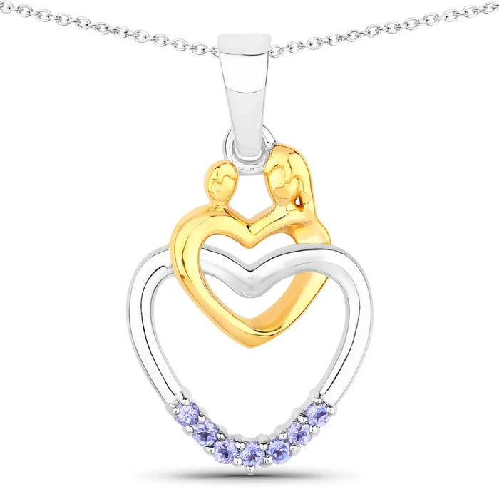 Round Violet Tanzanite Prong Silver Double Heart Pendant Necklace by Fine Color Jewels