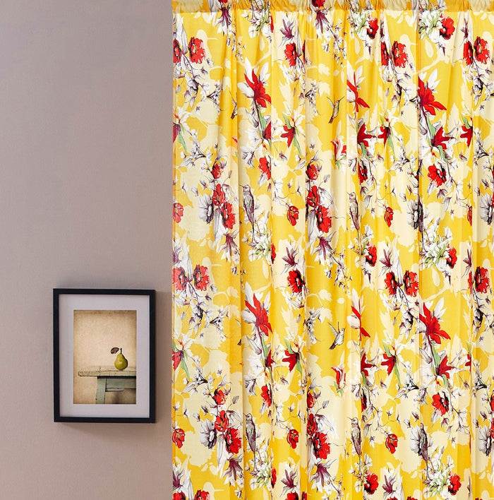 DaDa Bedding Set of 2 Radiant Sunshine Yellow Floral Window Curtain Panels - Natural Semi Sheer Hummingbirds Farmhouse Red Flowers Straight Tailored Edge by DaDalogy Bedding Collection