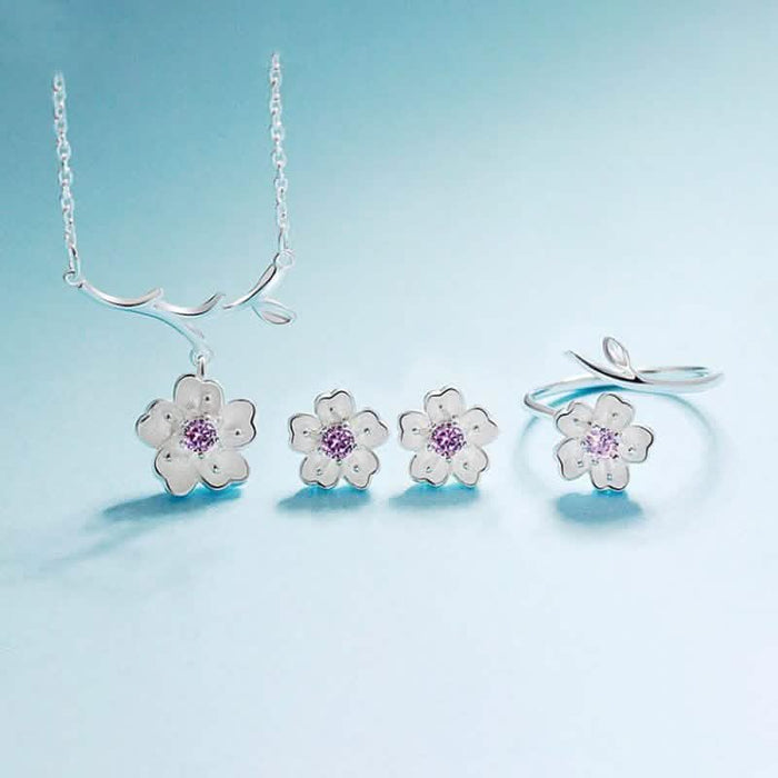 925 Sterling Silver Cute Flower Necklace Earrings Rings Bracelet Jewelry Set by DailySale
