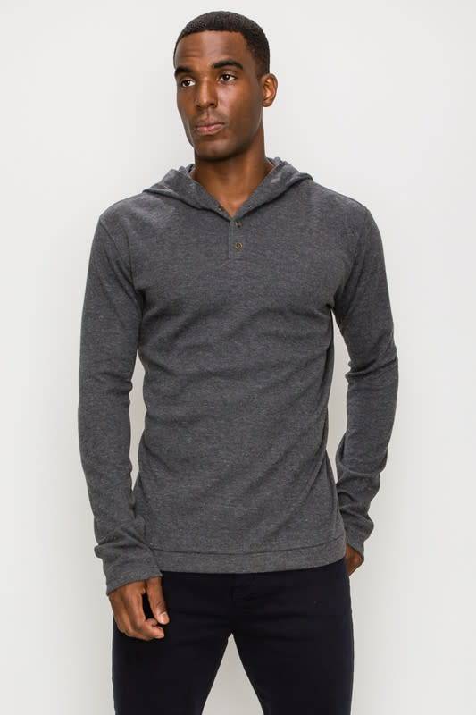 Long Sleeve Henley Hooded Top w/ Buttons by Boutique 23