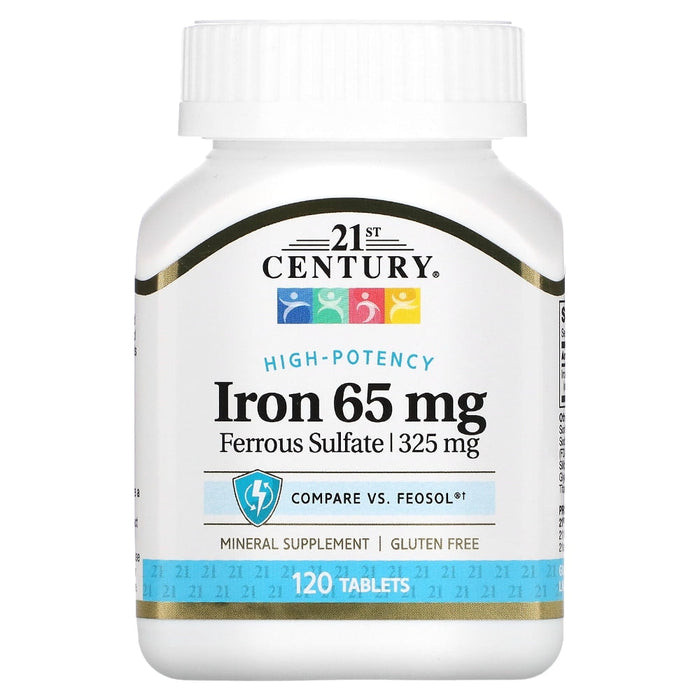 21st Century Ferrous Sulfate 65mg Iron Supplement – 100 Tablets – Supports Iron Deficiency & Vitality by Pasteur Pharmacy