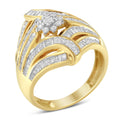 10K Yellow Gold Flashed .925 Sterling Silver 1-1/8 Cttw Round & Baguette Diamond 'Flower & Fern' Cluster Cocktail Fashion Ring (I-J Color, I2-I3 Clarity) - Size 6 by Bids.com