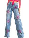 Rose Rhinestone Wide Jeans by The House of Stylez