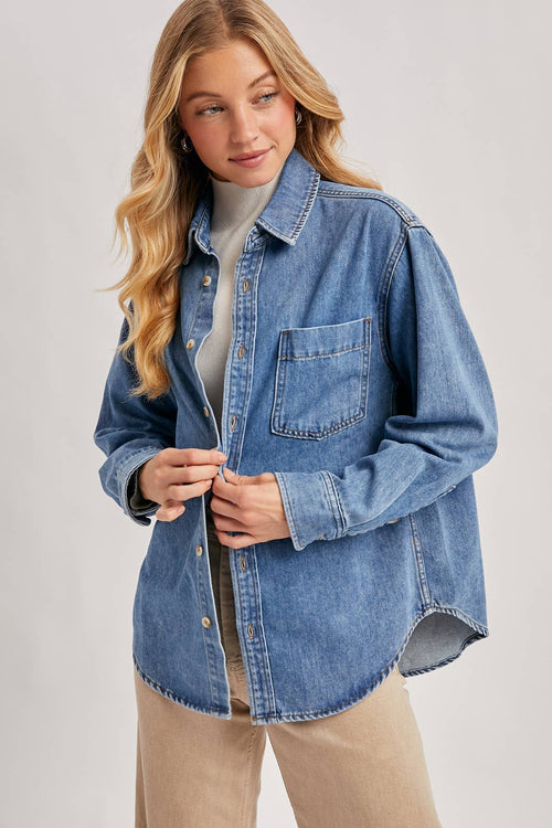 DENIM BUTTON DOWN OVERSIZED SHIRTS: MED.WASH by Boutique 23