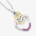 Round Pink Ruby Prong Silver Double Heart Pendant Necklace by Fine Color Jewels