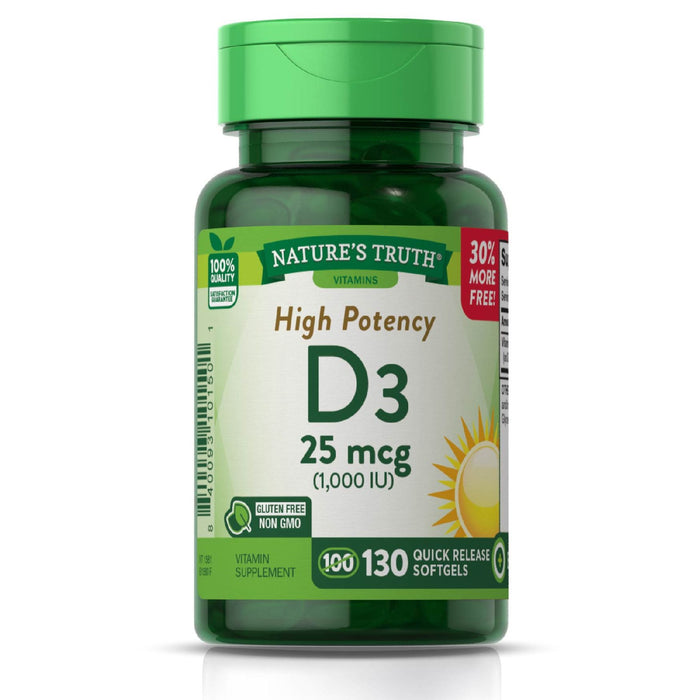 Nature's Truth High Potency 1000 Iu ( 25 Mcg)Vitamin D3 130 Quick Release Softgels by Pasteur Pharmacy