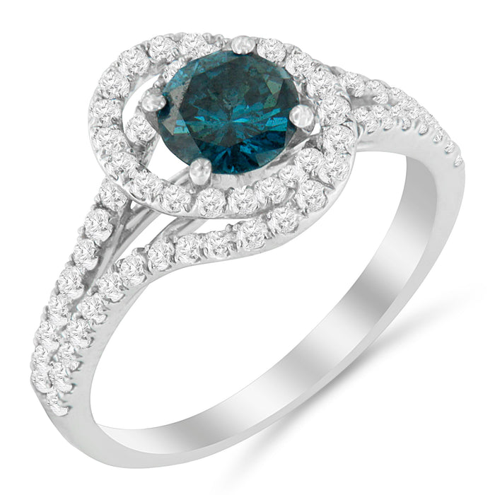 14K White Gold 1-1/3 Cttw White & Blue Diamond Interweaving Double Halo Cocktail Statement Ring (G-H and Fancy Blue Color, SI2-I1 Clarity) - Size 6 by Bids.com