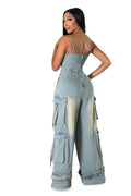 Dirty Wash Denim Jean Cargo Jumpsuit by The House of Stylez