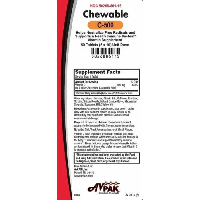 AvKare Vitamin C-500 Chewable Tablets Immune System Health Support 500 Mg by Pasteur Pharmacy