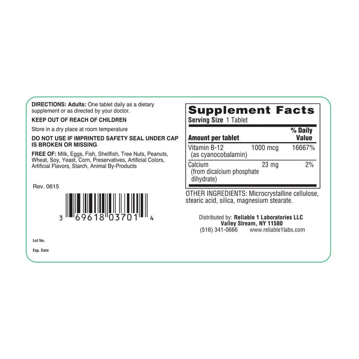 Reliable-1 Laboratories Vitamin B-12 – 1000 mcg (100 Tablets) by Pasteur Pharmacy