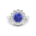 2.38 Ct Round Violet Tanzanite and White Diamond Prong 14k Gold Halo Statement Floral Ring by Fine Color Jewels