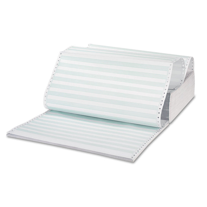 Universal Printout Paper, 3-Part, 15 lb Bond Weight, 14.88 x 11, White/Green Bar, 1,100/Carton