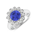 2.38 Ct Round Violet Tanzanite and White Diamond Prong 14k Gold Halo Statement Floral Ring by Fine Color Jewels