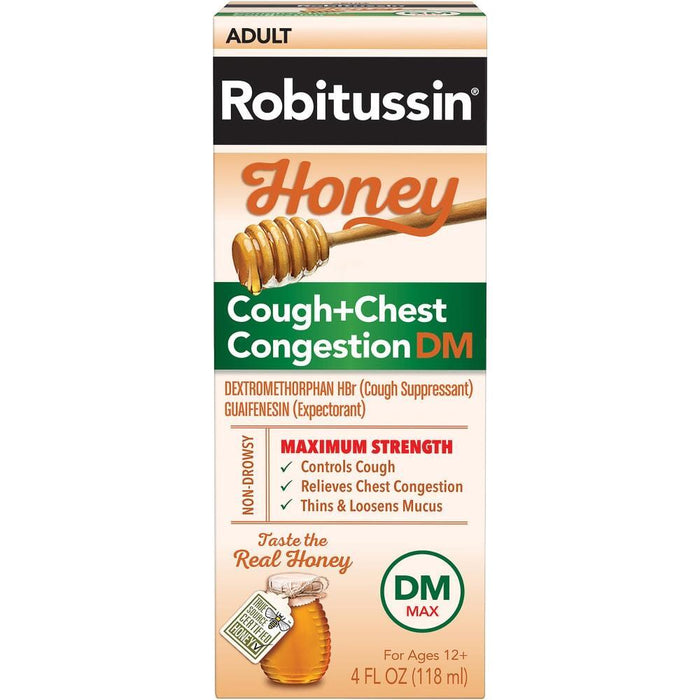 Robitussin Cough + Chest Congestion DM Max - Adult Maximum Strength, Real Honey, 4 Fl Oz by Pasteur Pharmacy