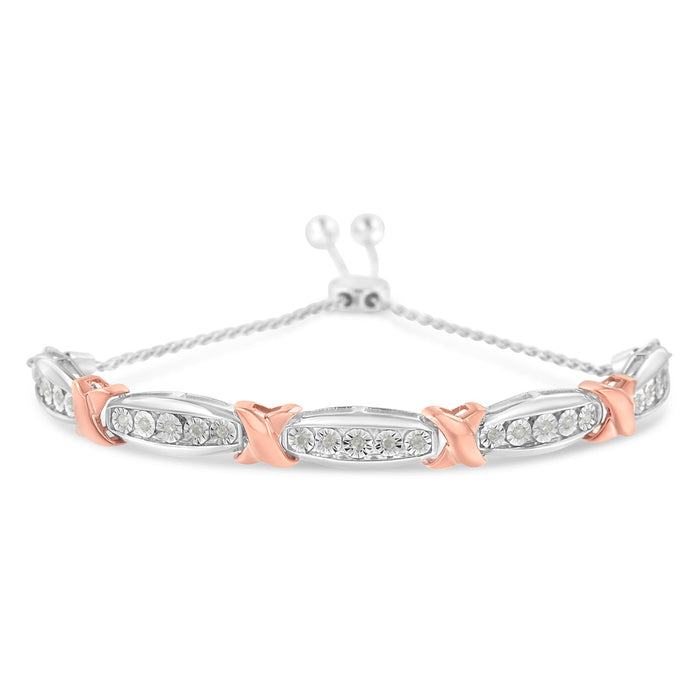 .925 Sterling Silver 1/4 Cttw Round-Cut Diamond X & Tapered Bar Miracle-Set Bolo Bracelet (I-J Color, I3 Clarity) - Two Tone Rose Gold & Silver by Bids.com