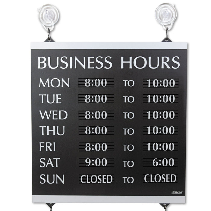 Headline Century Series Business Hours Sign, Heavy-Duty Plastic, 13 x 14, Black