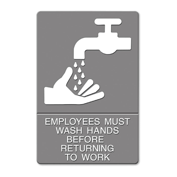 Headline ADA Sign, EMPLOYEES MUST WASH HANDS... Tactile Symbol/Braille, 6 x 9, Gray