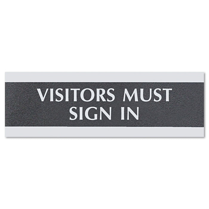 Headline Century Series Office Sign, VISITORS MUST SIGN IN, 9 x 3, Black/Silver
