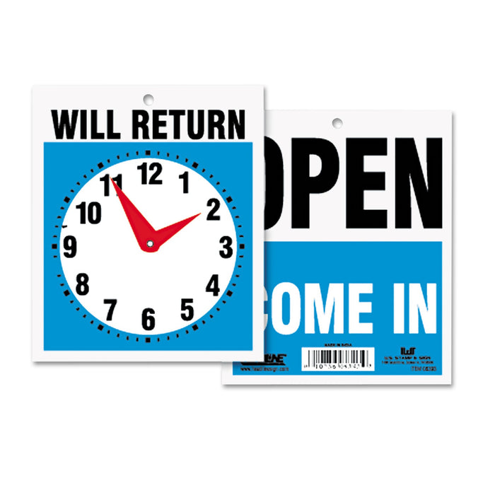 Headline Double-Sided Open/Will Return Sign with Clock Hands, Plastic, 7.5 x 9