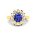 2.38 Ct Round Violet Tanzanite and White Diamond Prong 14k Gold Halo Statement Floral Ring by Fine Color Jewels