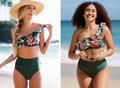Cupshe Dark Green Floral One Shoulder Ruffle High Waisted Bikini, Size Small by Vanessa Jane