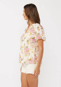 Floral Puff Sleeve Button-Down Top: Natural/Dusty Pink by Boutique 23