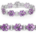 Pear Purple Amethyst Prong Silver Floral Cluster Tennis Bracelet by Fine Color Jewels