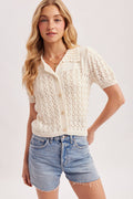 POINTELLE BUTTON DOWN SHIRT KNIT CARDIGAN: IVORY by Boutique 23