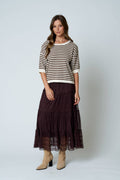 TEXTURED STRIPE RUFFLE TIERED MIDI SKIRT : CHOCOLATE BROWN by Boutique 23
