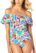 Swim Solutions Plus Size Tummy Control Off-the-Shoulder Ruffled Swimsuit by Vanessa Jane