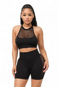 Front Fishnet Contrast Halter Top and Shorts Set by The House of Stylez