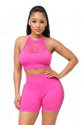 Front Fishnet Contrast Halter Top and Shorts Set by The House of Stylez