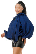 Mock Neck with Tie Puff Long Sleeve Bubble Hem Denim Blouse Top {fits oversized} by The House of Stylez