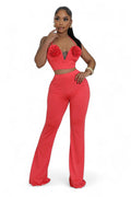 Red Two Piece Rose Top Pants Set by The House of Stylez